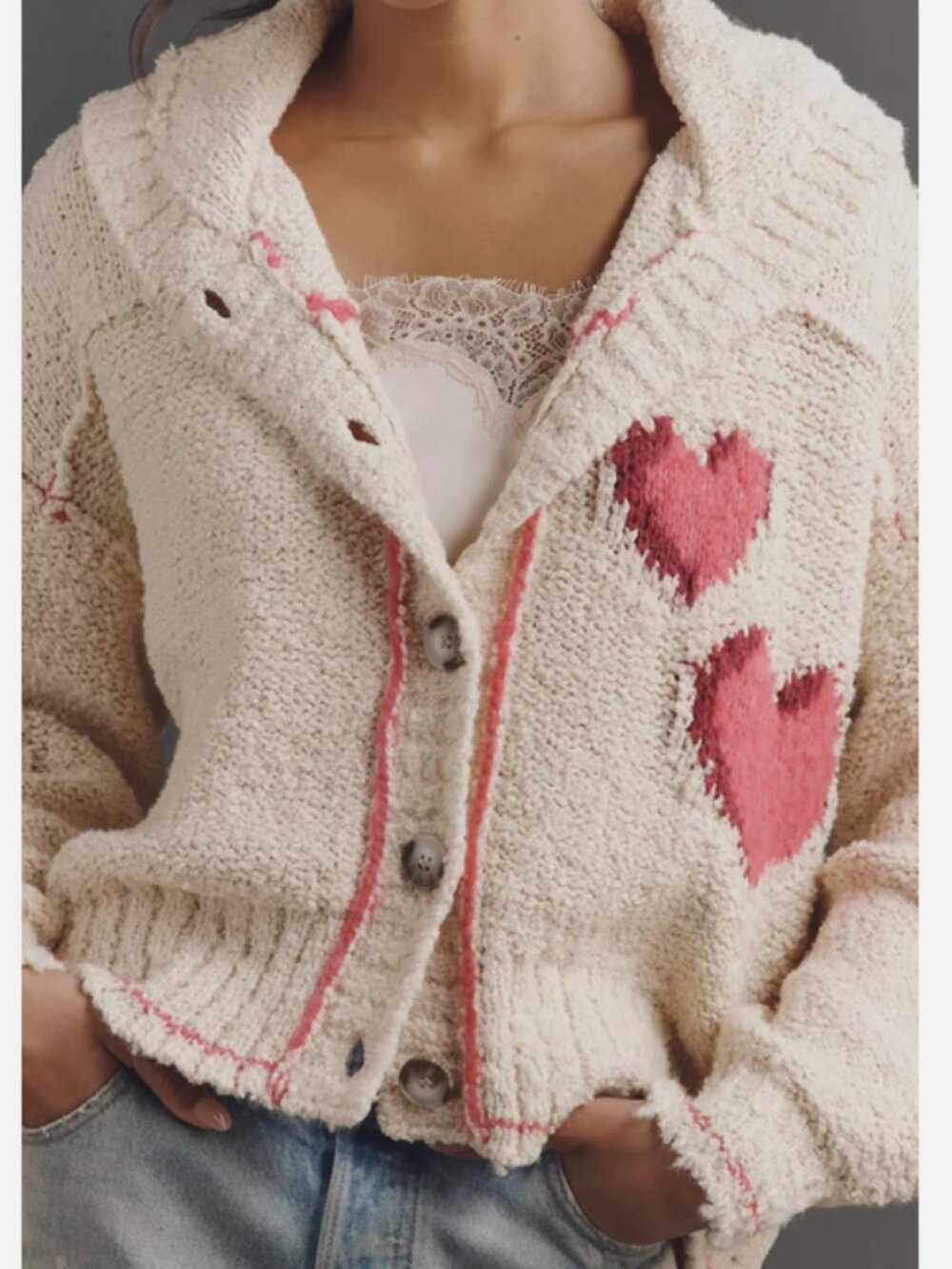 Anthropologie Pilcro Candy Heart Collared Long-Sleeve Cardigan Sweater XO L NWT